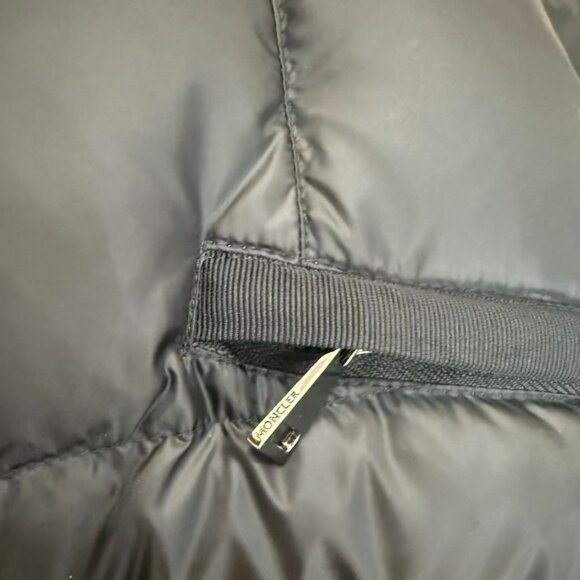 Moncler Black Down Coat - Plush Fur Hood, Waist Belt, Stylish Winter Outerwear - Picture 7 of 8